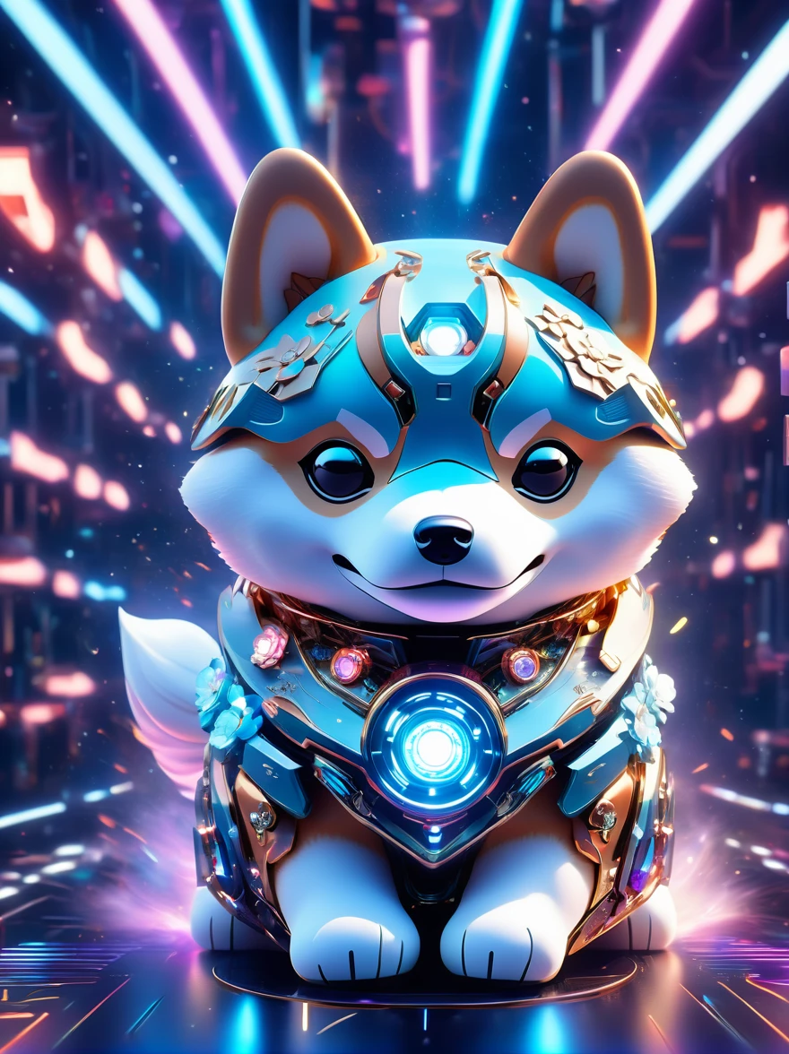 (3D，Mechanical feel，Cute Shiba Inu:1.3), Colorful neon lights, High-tech mechanical parts, Metal body, Detailed vibranium flower design, Vibrant colors, Dynamic glowing flowers, Reflective metal surface, Bright environment, Dynamic poses, Exquisite existence, Skill Improvement, Interlocking mechanical gears, Stylish design, motion blur effect, Metalworking details, Sci-fi atmosphere, Streamlined aerodynamic shape, Laser scanning pattern, Holographic projection, LED light track, beautiful and unforgettable, Advanced sensors, complex algorithm, Sinister and mysterious atmosphere, Electric Spark, Shiny chrome plating, Propulsion systems of the future, Beijing_Gundam, (best quality, 8k, high resolution, masterpiece: 1.2), Ultra Detailed, (whole body:1.8)