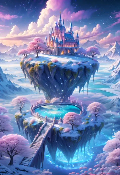 winter landscape，surreal wonderland，dreamy cloud and fairy island，colorful snowflakes are flying，princess&#39;the palace is cove...