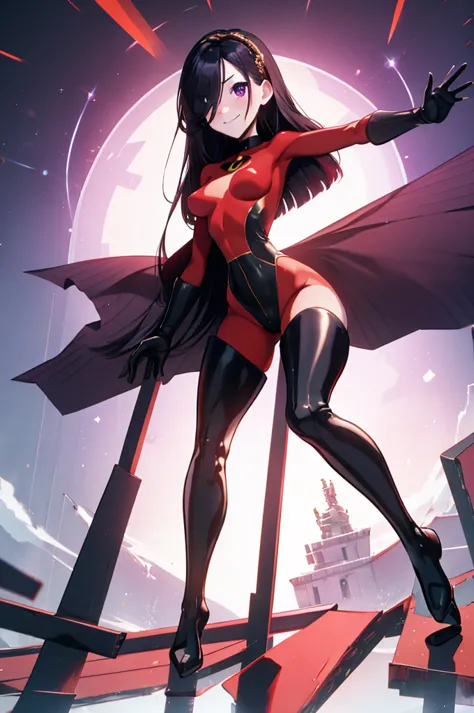 (full body),masterpiece, highest quality, one girl, violet par, mask, long hair, black hair,  hair on one eye,  (red hero suit)，...