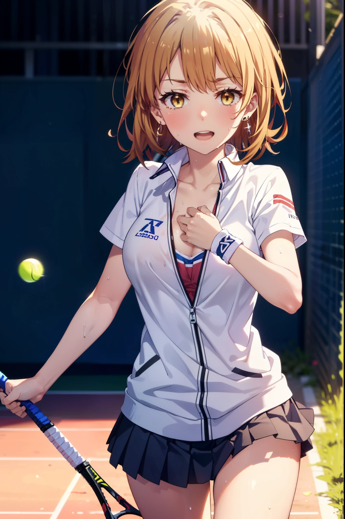 irohaisshiki, Iroha Isshiki, short hair, Brown Hair, (Brown eyes:1.5), happy smile, smile, Open your mouth,smile,
Tennis uniform, Hair Clip, Earrings, jewelry, nm1, Hair Ribbon, short hair, tennis cosplay, (Pleated super short skirt:1.4), (Thighs:1.3), (large teeth:1.3), large chests, (Provocative face:1.3), Open your mouth, (chest:1.3), teeth, Round eyes, (blowing in the Wind:0.5), Sweat around the girl, Dripping Sweat, Squall (Wind:1.2), speed, 爽やかなWind, Motion Blur Effect, Wind, (can&#39;I can&#39;t see your pants:1.4) break background is (Tennis court:1.3), (Stand in the center of the screen:1.3), (10,000 spectators:1.3),  Blue sky with clouds, Outdoor, (Amazing panoramic views:1.2), Wind break sunlight, Nice views, Rainbow in the sky, Particles of light,
break outdoors, Tennis court,
break looking at viewer,(Cowboy Shot:1. 5)
break (masterpiece:1.2), highest quality, High resolution, unity 8k wallpaper, (shape:0.8), (Beautiful details:1.6), Highly detailed face, Perfect lighting, Extremely detailed CG, (Perfect hands, Perfect Anatomy),