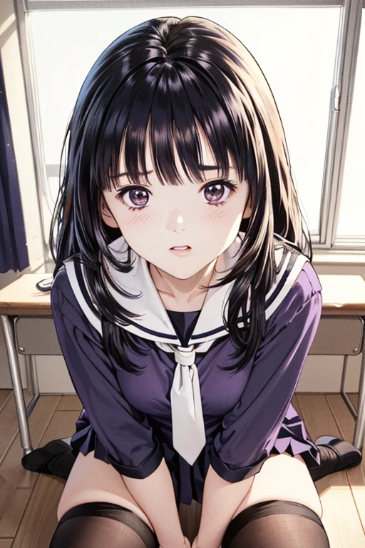(8K、top-quality、​masterpiece:1.2)、(realisitic、ultra-detailliert、超A high resolution、beautifull detailed face,perfect body,(1girl,black long hair),(school uniform,sailor suit,purple shirts,navy skirt,white tie),sitting on floor,on knee,in classroom,pov,
