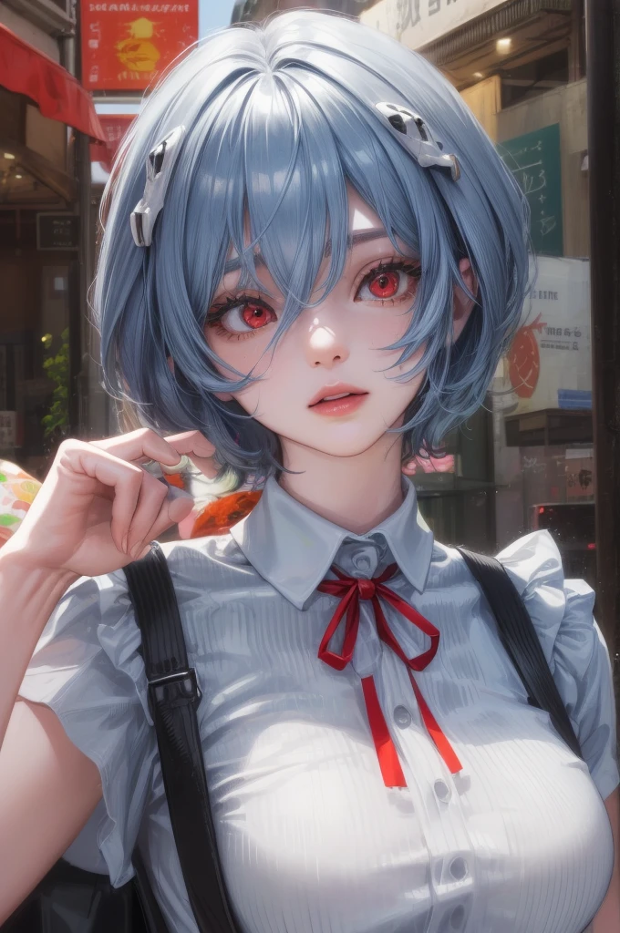 1 GIRL, reiayanami, rei ayanami, blue hair, short hair, (red eyes:1.5), ultra realistic, REALISTIC, Ultra detailed, More detailed, Japan city scenaries, Random scenaries japan, BREAK blue dress, dress, neck ribbon, pinafore dress, red ribbon, ribbon, , short sleeves, short-sleeved sweater, sweater, BREAK outdoors, city, BREAK looking at viewer, BREAK (masterpiece:1.2), best quality, high resolution, unity 8k wallpaper, (illustration:0.8), (beautiful detailed eyes:1.6), extremely detailed face, perfect lighting, extremely detailed CG, (perfect hands, perfect anatomy),