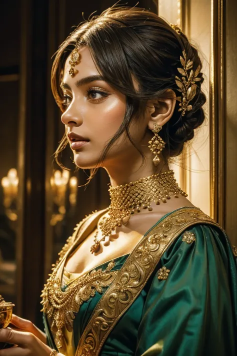 Extremely close-up on glittering golden clover-leave long necklace on a lady's neck, while her hand reach the necklace. The surr...