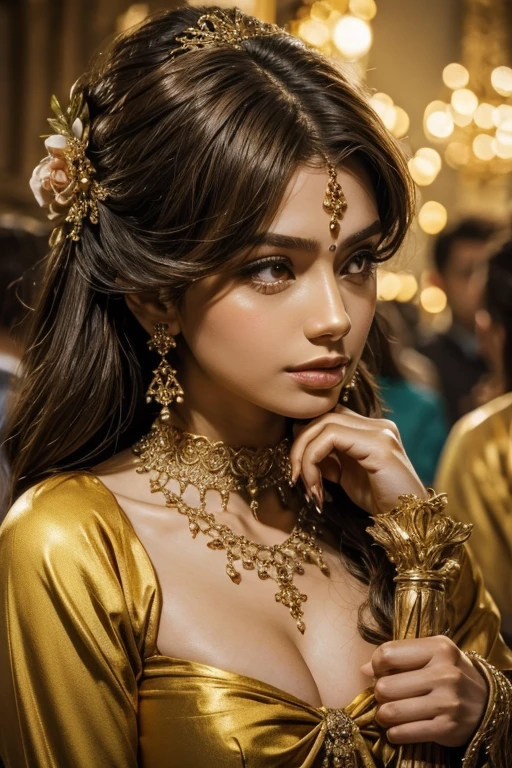 Extremely close-up on glittering golden clover-leave long necklace on a lady's neck, while her hand reach the necklace. The surrounding fill with glowing tiny gold particles, scattering the lady loose royal teal blouse.