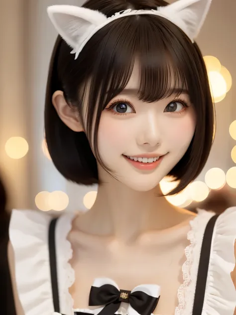 (highest quality、table top、8K、best image quality、Award-winning work)、(eye shadow:1.2)、Beautiful and delicate portrait of a playful cute girl with boyish short hair, Mischievous Smile, ,Black Hair, white Maid clothes、Cat ears on the head、perfect makeup、long...