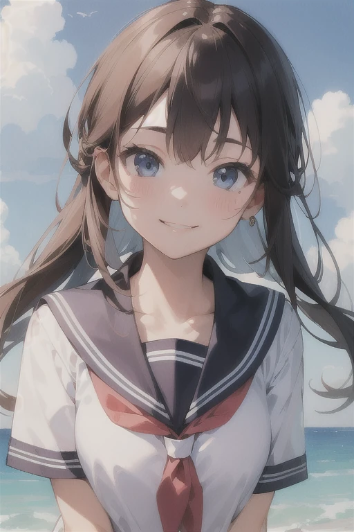 highest quality、Super Resolution、8K,(masterpiece:1.3), (Absurd:1.3), (highest quality:1.3), (Very detailed:1.3), One girl, View your viewers, smile, Outdoor,Dynamic Angle, Hello, Summer sailor uniform,ailor collar,She&#39;s in love with her audience、I want to touch you、Appealing to women&#39;s charms、Sit on a bench、Showing off her white frilly panties、