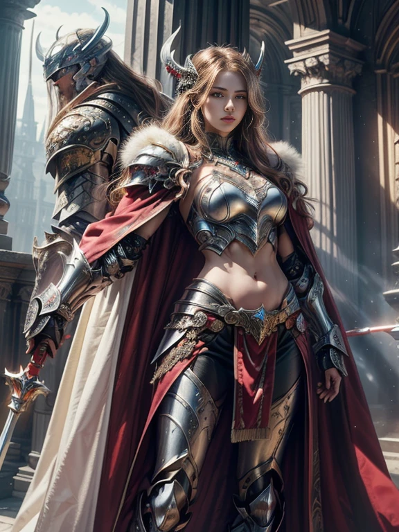 Photorealistic image ((Masterpiece)), ((high quality)) UHD 8K, of a real Viking goddess, Gnna, strong, slim body, skinny waist, model tall, full body, (long blonde hair), (blue eyes), (((Hyper-realistic fantasy full armor, with ivory red metal and intricate details))), ((long fur cape)), ((two-pronged fantasy spear)), (in guardian position, fantastic palace), Photo realistic, Natural lighting, professional DSLR camera., mecha, robot,