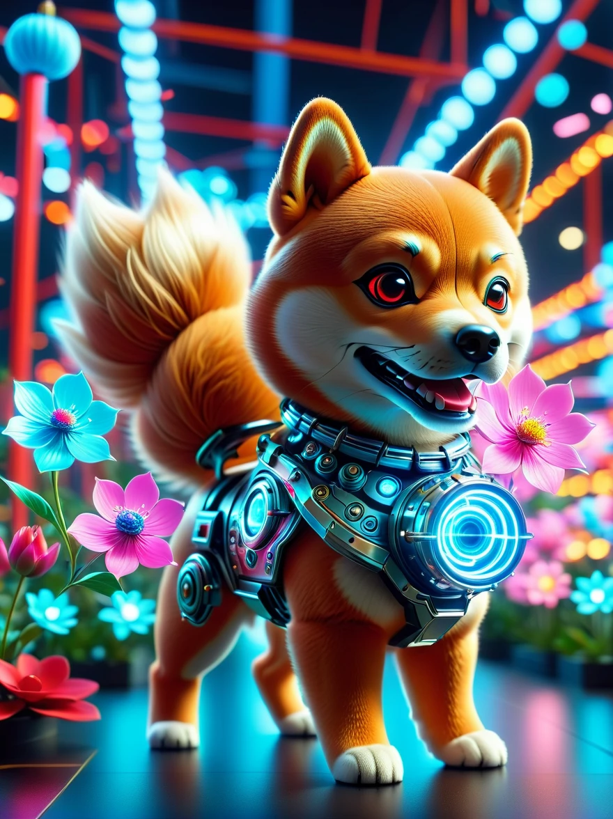 (3D，Mechanical feel，Cute Shiba Inu:1.3), Colorful neon lights, High-tech mechanical parts, Metal body, Detailed vibranium flower design, Vibrant colors, Dynamic glowing flowers, Reflective metal surface, Bright environment, Dynamic poses, Exquisite existence, Skill Improvement, Interlocking mechanical gears, Stylish design, motion blur effect, Metalworking details, Sci-fi atmosphere, Streamlined aerodynamic shape, Laser scanning pattern, Holographic projection, LED light track, beautiful and unforgettable, Advanced sensors, complex algorithm, Sinister and mysterious atmosphere, Electric Spark, Shiny chrome plating, Propulsion systems of the future, Beijing_Gundam, (best quality, 8k, high resolution, masterpiece: 1.2), Ultra Detailed, (whole body:1.8)