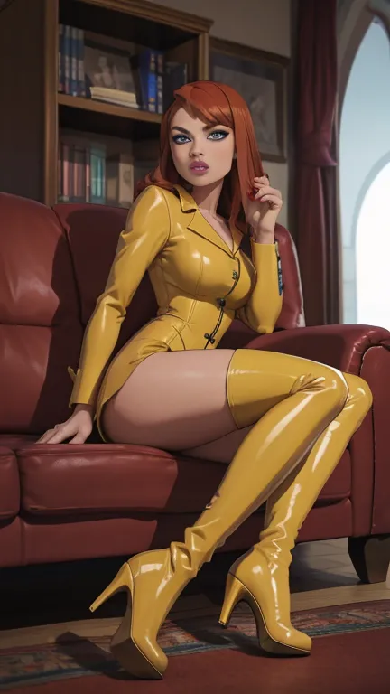 Girl in (yellow_leather_High_heel_boots ), red hair, crystal blue eyes,eyelashes,full body, prome on couch 