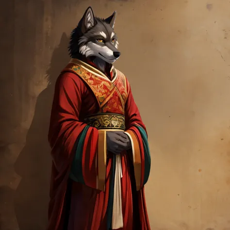 Anthro wolf, standing, relaxed, looking at viewer, imperial clothes