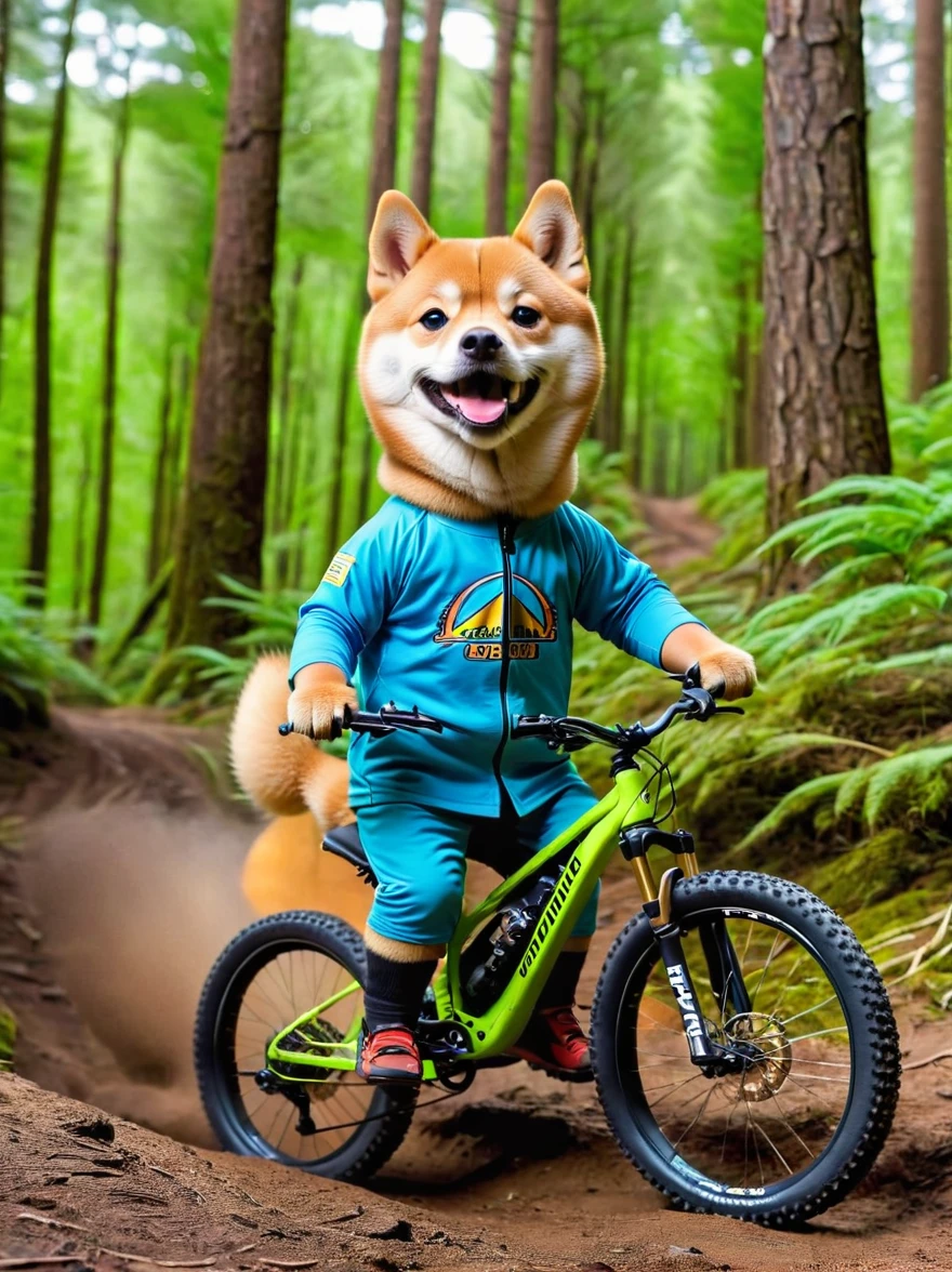 A Shiba Inu dog riding an enduro mountain bike.