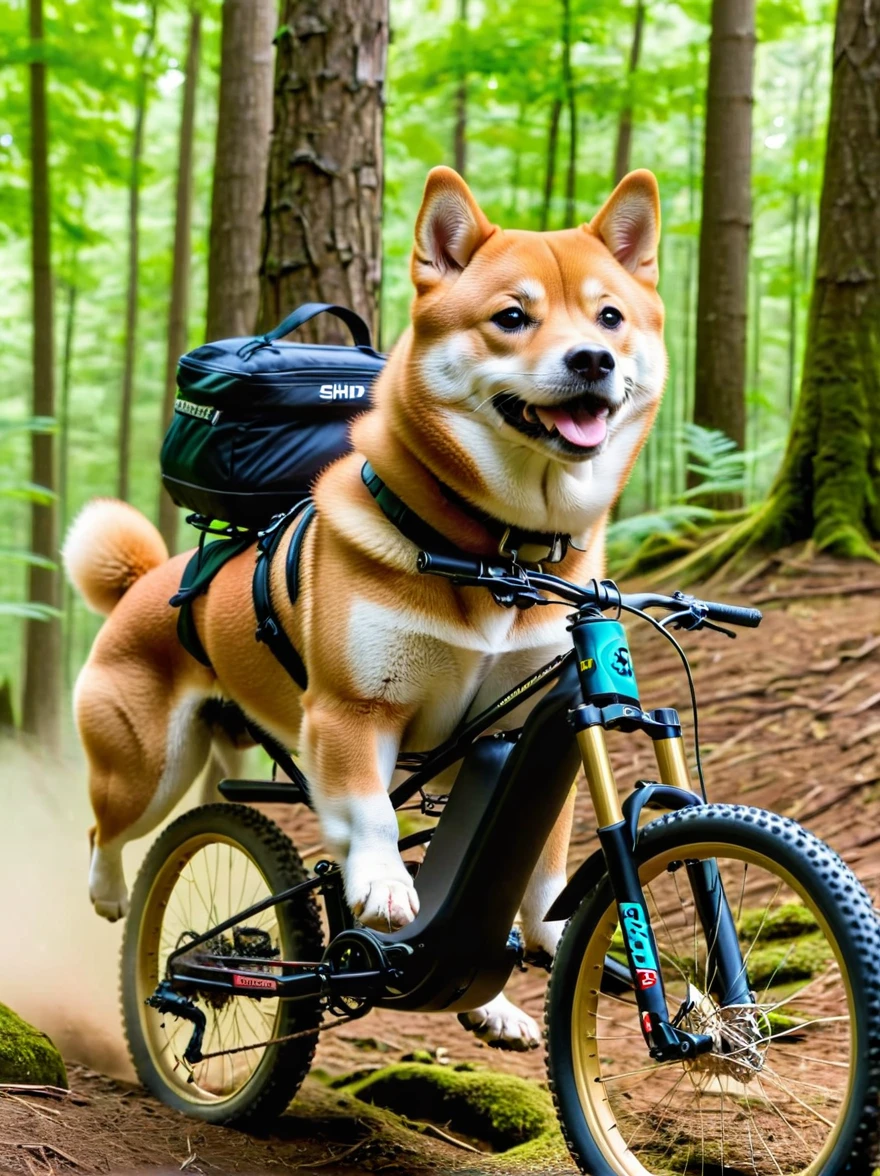 A Shiba Inu dog riding an enduro mountain bike.