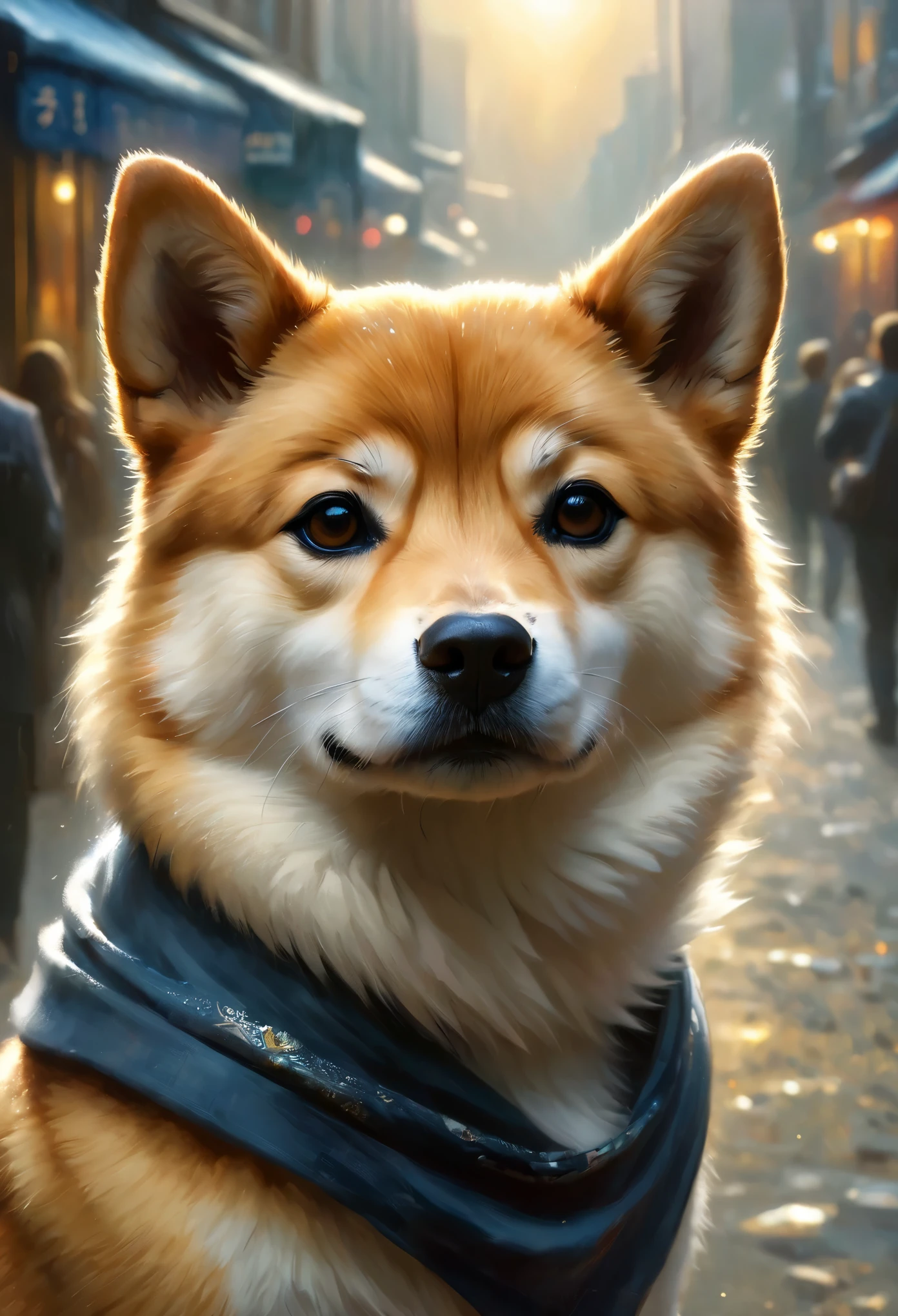 Cute Shiba Inu greets viewers, Pierre＝Art by Auguste Renoir and Jeremy Mann, (Viewpoint angle:1.2), Realistic, Ray Tracing, Beautiful lighting,masterpiece