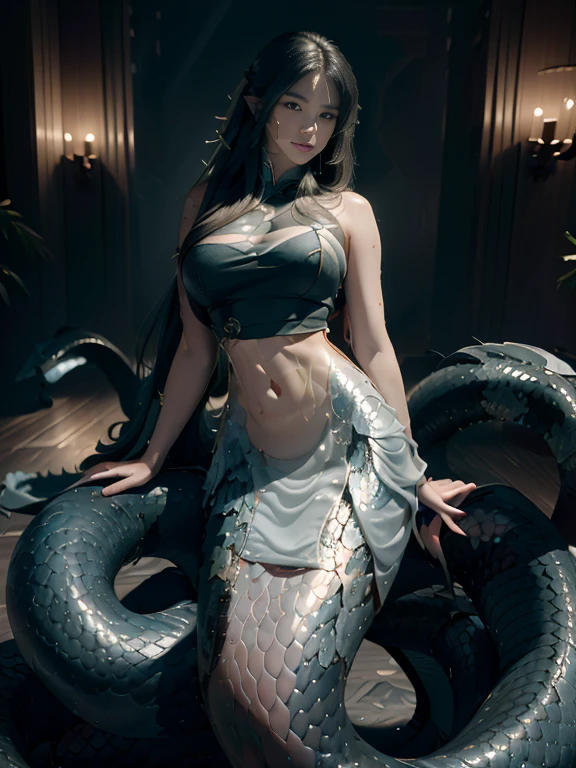 ((Best image quality, 8k, masterpiece:1.3)), 1 Queen Medusa, Beautiful woman with slim abdominal muscles:1.3, (casual hairstyle, Big  no leaks:1.2),Showing cleavage，( Snake scales:1.1, （Mermaid：1.2），（Long snake tail：1.3），Ultra-realistic golden scales，Super thin face, Delicate eyes, Double eyelids，Smooth and delicate skin，Reflective Skin，they want，floor，Sitting，Vision