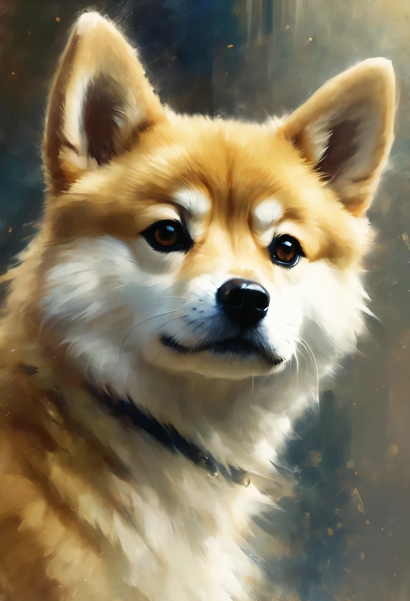 Cute Shiba Inu greets viewers, Pierre＝Art by Auguste Renoir and Jeremy Mann, (Viewpoint angle:1.2), Realistic, Ray Tracing, Beautiful lighting,masterpiece