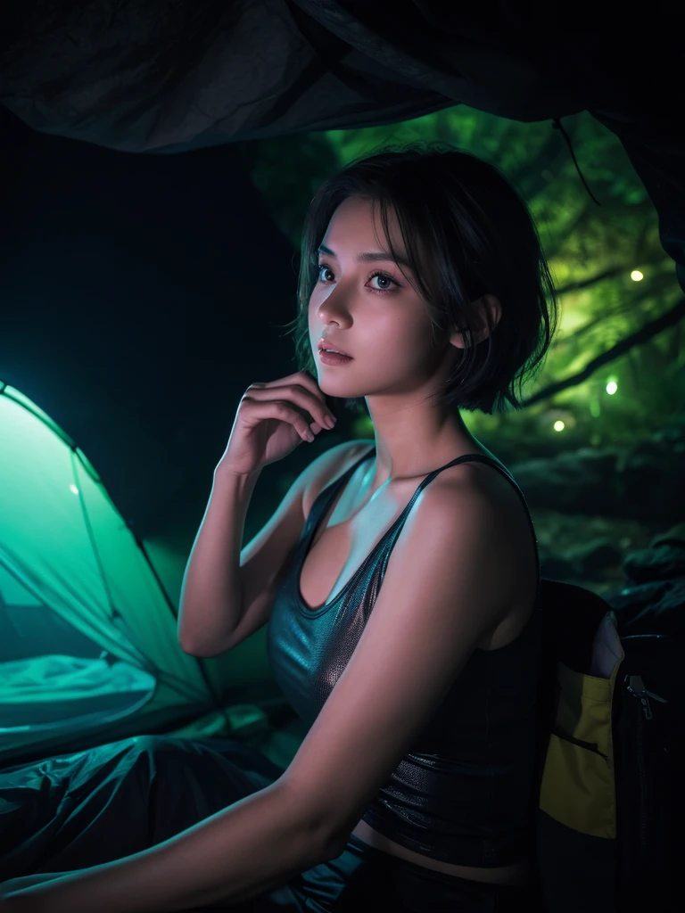 best qualtiy, tmasterpiece, Ultra-high resolution， （realisticlying：1.6）， RAW photograph， 1girl， bshoulders， in the darkness nigth， deep shading， low tune， cold light，looking to the camera， Sexy look， short detailed hair, inside the cave, fireflies, waterfall background, camping tent,

