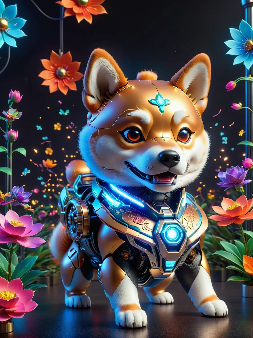 (3D，Mechanical feel，Cute Shiba Inu:1.3), Colorful neon lights, High-tech mechanical parts, Metal body, Detailed vibranium flower design, Vibrant colors, Dynamic glowing flowers, Reflective metal surface, Bright environment, Dynamic poses, Exquisite existence, Skill Improvement, Interlocking mechanical gears, Stylish design, motion blur effect, Metalworking details, Sci-fi atmosphere, Streamlined aerodynamic shape, Laser scanning pattern, Holographic projection, LED light track, beautiful and unforgettable, Advanced sensors, complex algorithm, Sinister and mysterious atmosphere, Electric Spark, Shiny chrome plating, Propulsion systems of the future, Beijing_Gundam, (best quality, 8k, high resolution, masterpiece: 1.2), Ultra Detailed, (whole body:1.8)