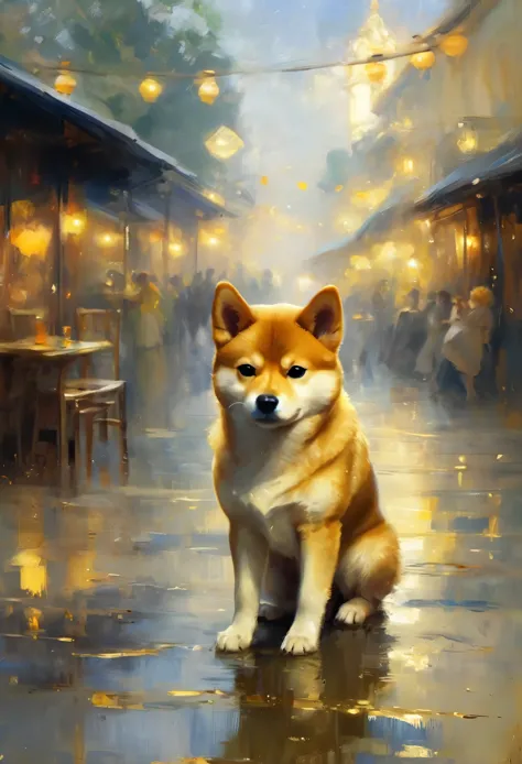 Cute Shiba Inu greets viewers, Pierre＝Art by Auguste Renoir and Jeremy Mann, (Viewpoint angle:1.2), Realistic, Ray Tracing, Beau...