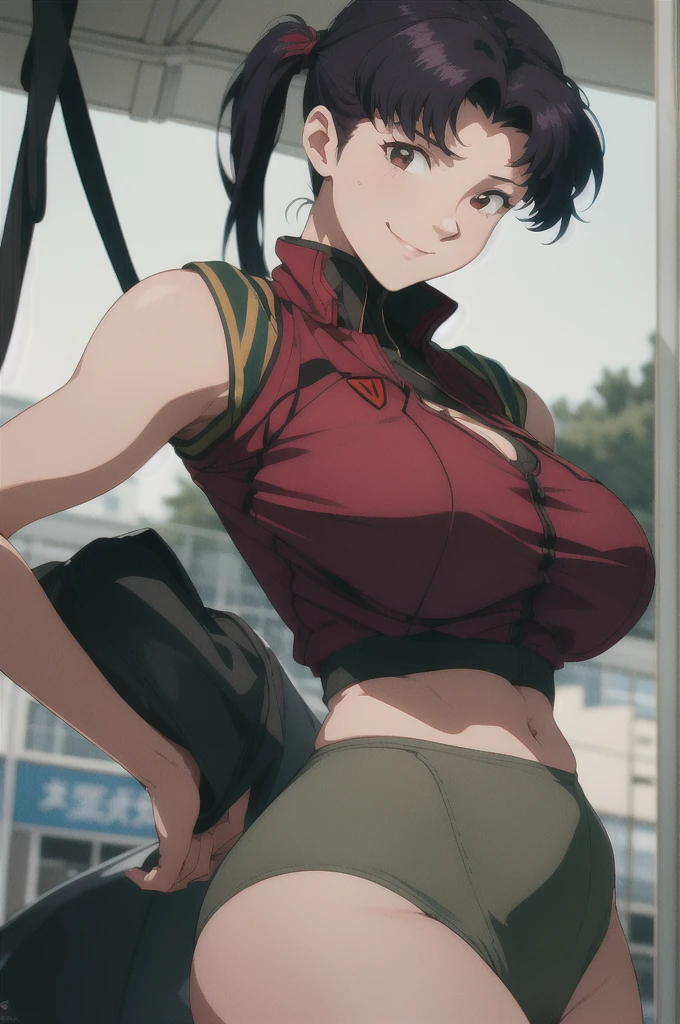 (RAW photo, best quality), 1girl,  natural lighting, solo, light smile, 
katsuragi misato, outdoor, big boob, large breasts, boob window, exposed cleavage, tight clothes, wide hips, thicc, wearing a suit,  woman, small woman, small height, ponytail, exposed midriff