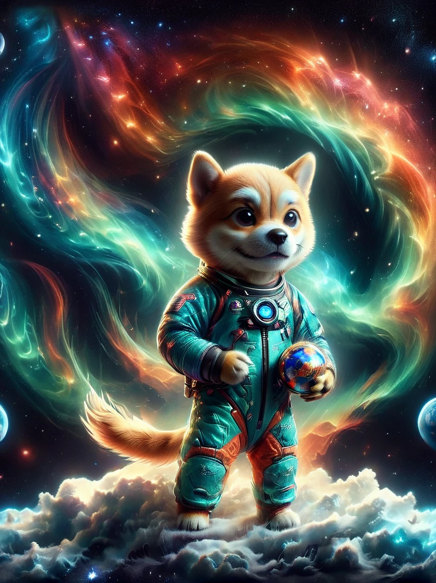 Photographie 3D d&#39;un charmant Shiba Inu enfilé dans une combinaison spatiale, saisissant un drapeau dans sa patte, se tenir assuré au sommet de la surface des cratères de la lune. La perspective planétaire enchanteresse présente la Terre dans un contexte cosmique lointain., illuminé de façon vibrante. L&#39;image, prise avec une caméra satellite haute résolution, capture la juxtaposition fantaisiste d&#39;un adorable chien domestique au milieu de l&#39;immensité impressionnante de l&#39;espace, encapsulant l’essence de l’exploration spatiale ludique en haute définition.