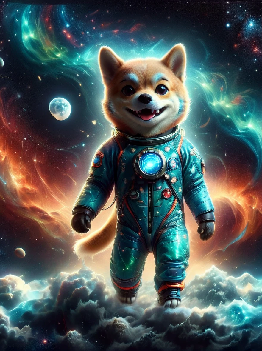 Photographie 3D d&#39;un charmant Shiba Inu enfilé dans une combinaison spatiale, saisissant un drapeau dans sa patte, se tenir assuré au sommet de la surface des cratères de la lune. La perspective planétaire enchanteresse présente la Terre dans un contexte cosmique lointain., illuminé de façon vibrante. L&#39;image, prise avec une caméra satellite haute résolution, capture la juxtaposition fantaisiste d&#39;un adorable chien domestique au milieu de l&#39;immensité impressionnante de l&#39;espace, encapsulant l’essence de l’exploration spatiale ludique en haute définition.