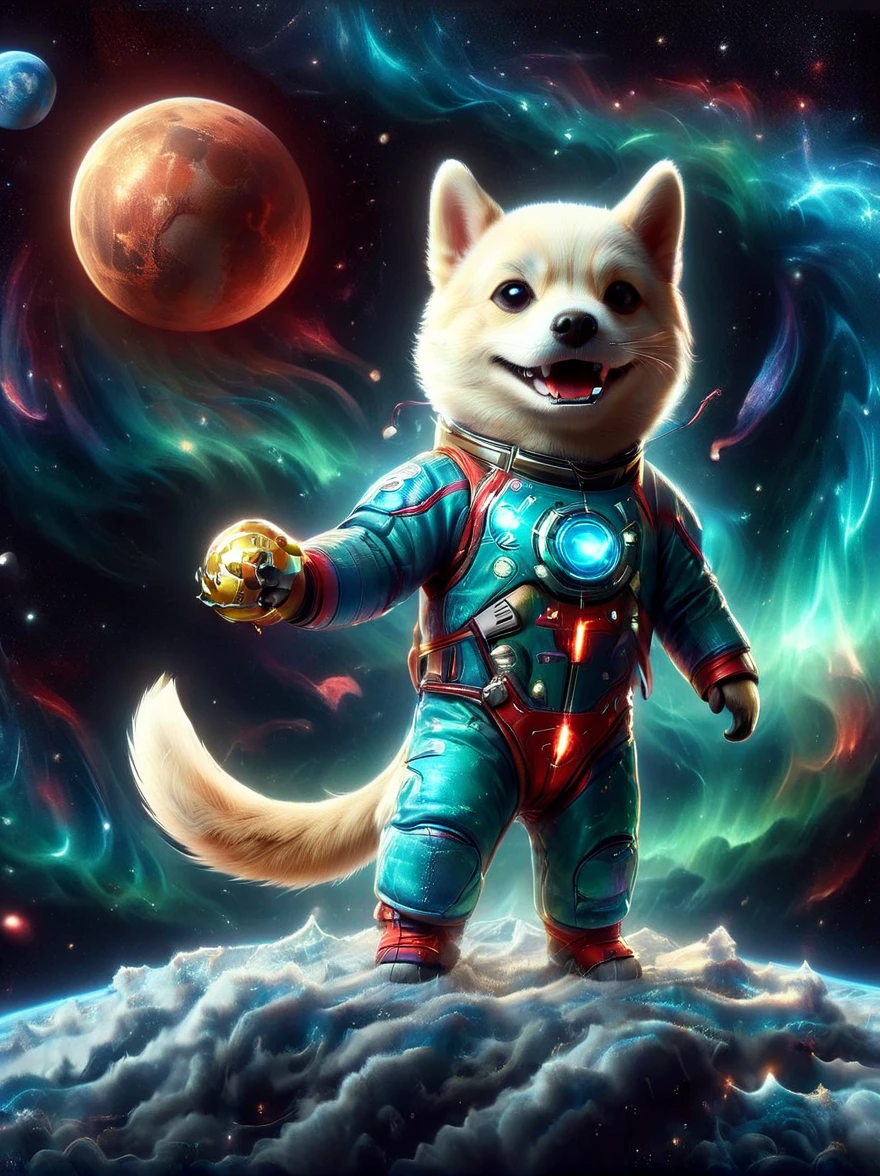 Photographie 3D d&#39;un charmant Shiba Inu enfilé dans une combinaison spatiale, saisissant un drapeau dans sa patte, se tenir assuré au sommet de la surface des cratères de la lune. La perspective planétaire enchanteresse présente la Terre dans un contexte cosmique lointain., illuminé de façon vibrante. L&#39;image, prise avec une caméra satellite haute résolution, capture la juxtaposition fantaisiste d&#39;un adorable chien domestique au milieu de l&#39;immensité impressionnante de l&#39;espace, encapsulant l’essence de l’exploration spatiale ludique en haute définition.