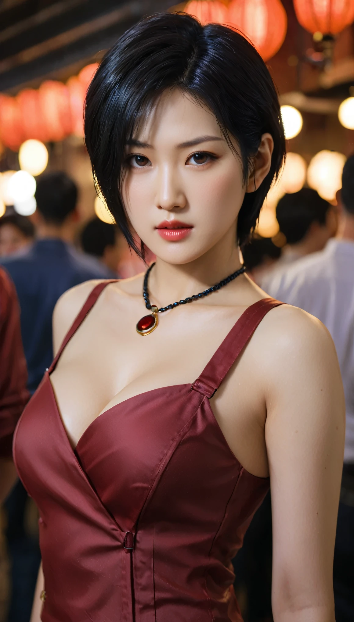 close-up of beautiful korean female, 34 inch breasts size, wearing as Ada Wong from resident evil, crowded, bokeh background, UHD 