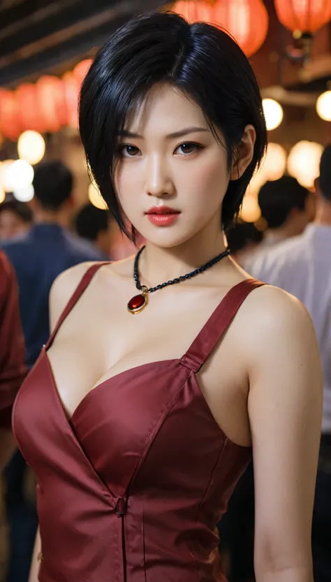 close-up of beautiful korean female, 34 inch breasts size, wearing as Ada Wong from resident evil, crowded, bokeh background, UH...