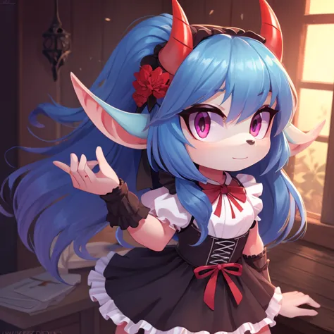 oni mobian, blue hair, long hair, toned, gothic lolita, magenta eyes, red horns, pointed ears