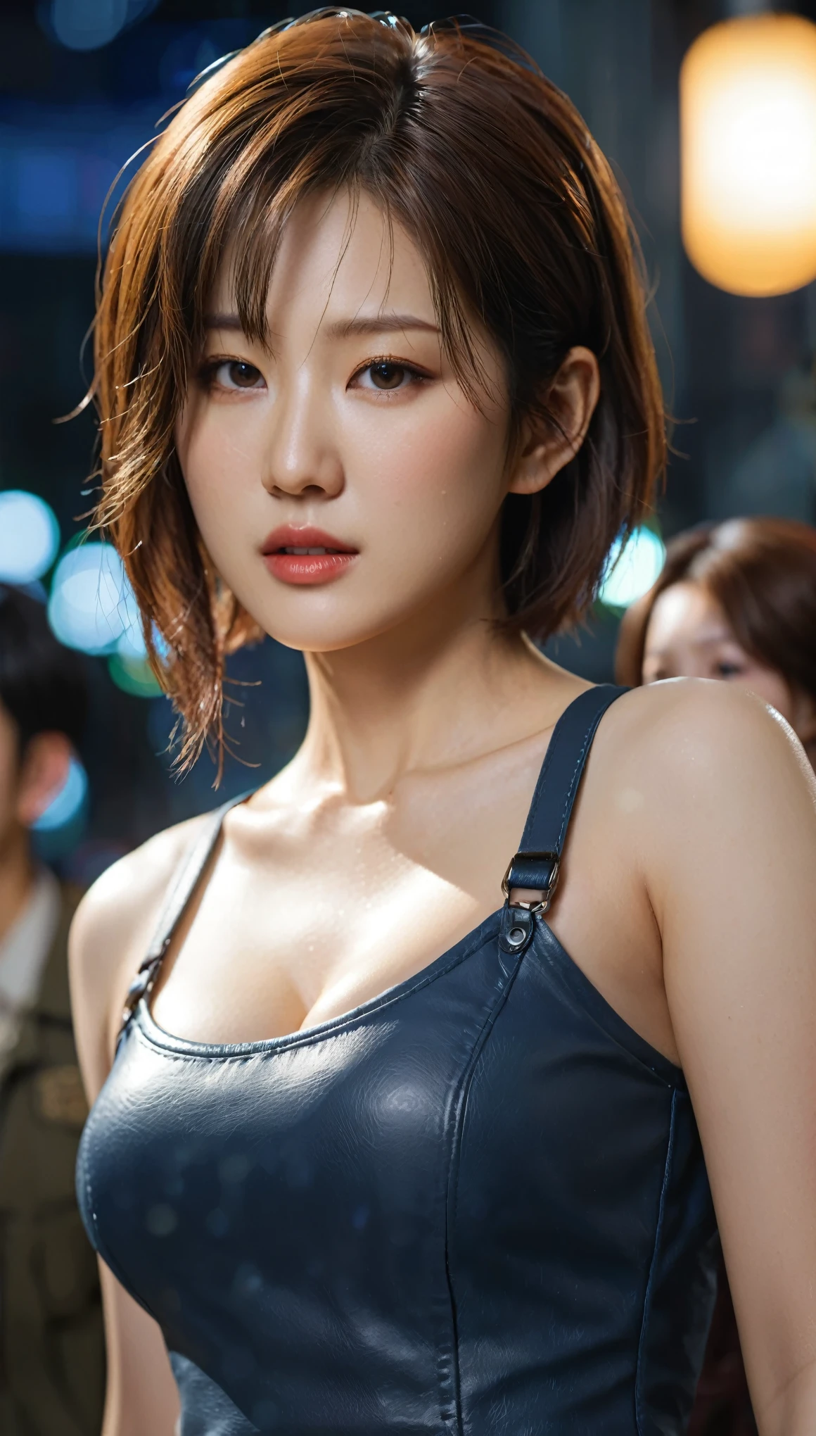 아름다운 한국 여성의 클로즈업, 34인치 가슴사이즈, 레지던트 이블의 레온처럼 입고, 붐비는, 보케 배경, UHD 