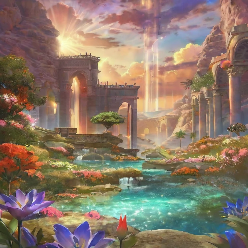 中東,イスラエル,カラフル,夢のような風景, 雲, light piercing through the 雲, 水面の反射, 緩やかな滝,花々,静かな雰囲気, 細部にわたる豊かさ, 超現実的な美しさ, 魔法のオーラ, ファンタジー風景, 高品質のデジタルアート, 鮮やかな色彩, 素晴らしい照明, 魅惑的な雰囲気, 芸術的表現, 異世界感, 美しい筆遣い, シュルレアリスム, フォトリアリスティックな要素, 素晴らしい景色, 平和な静けさ, 没入型体験, 息を呑むような景色, 美しい景色, 神秘的な魅力, 神秘的な雰囲気, ニュアンス, 魔法の夢.