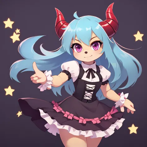 Oni mobian, blue hair, long hair, toned, gothic Lolita, magenta eyes, red horns, pointed ears