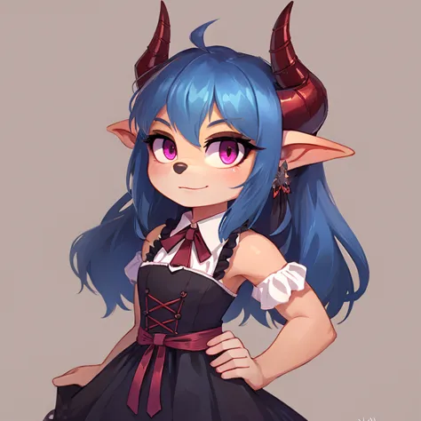 Oni mobian, blue hair, long hair, toned, gothic Lolita, magenta eyes, red horns, pointed ears