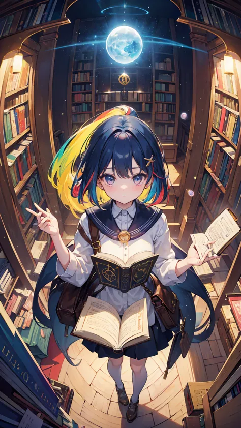 (masterpiece, best quality), (colorful:1.4), from above, solo, 1girl standing in a magical library filled with ancient tomes and...