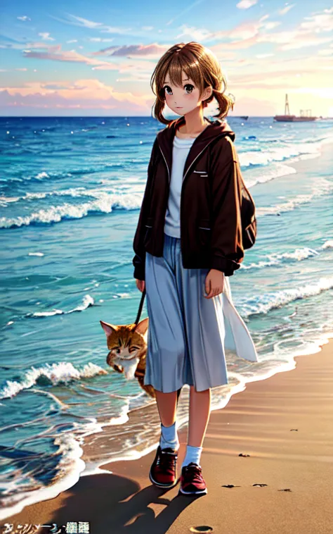 Take a walk on the beach、17 years old、girl、solo、Taking a walk with a brown tabby cat、