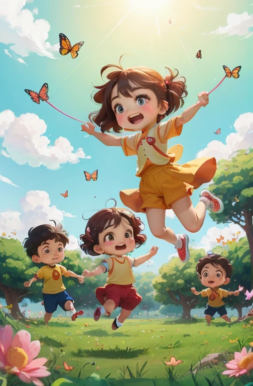 2 head body anime，children，5个孩子在grassland上快乐地玩耍，Two little boys catching butterflies with butterfly net，Three little girls jumping rope，grassland，Rios，sunny