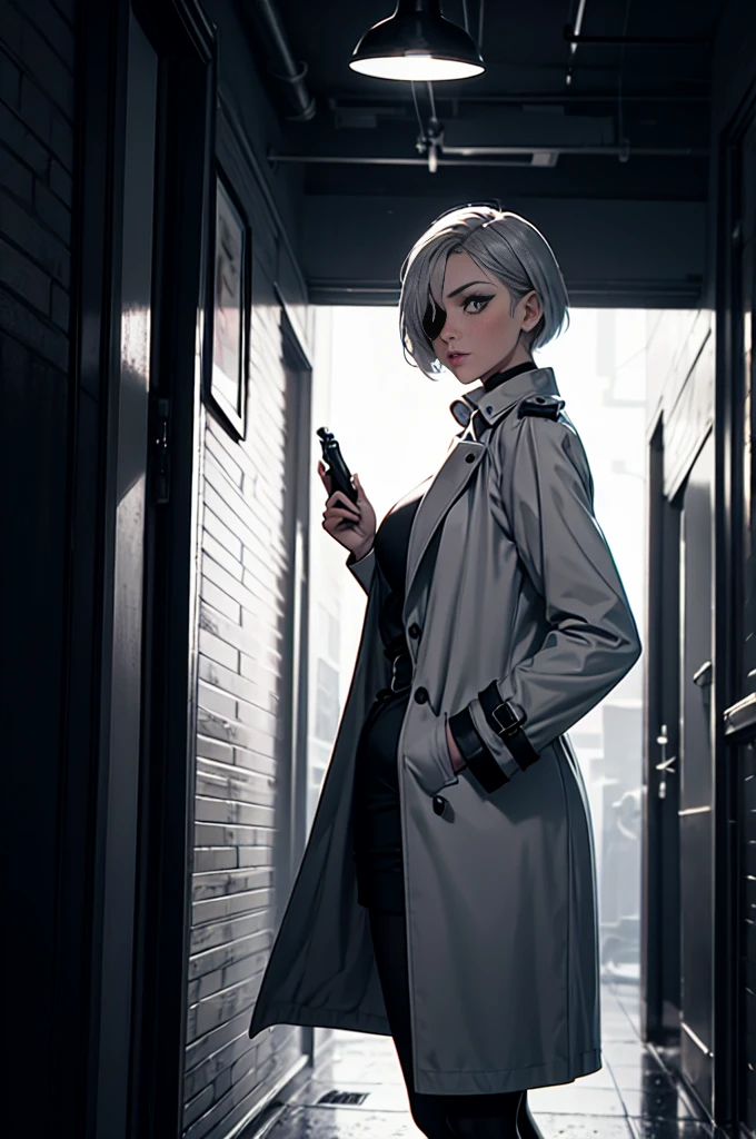 imagined a cartoon sexy milf detective woman  whit short silver hair who ad a eye patch on her left eye in a trench coat holding a revolver in 1950 black and white thriller movie, 50's, retro, spy movie, world war 2,