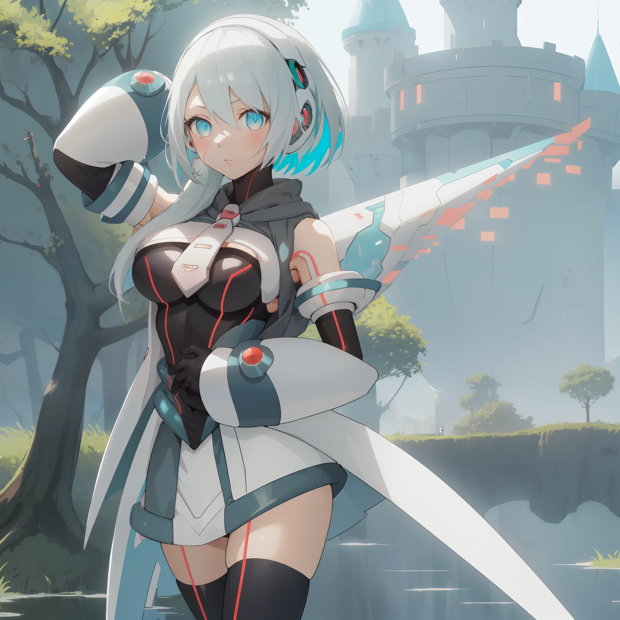 ico_megamanxdive, 1girl, blue eyes, solo, white hair, android, large breasts, black gloves, short hair, thighhighs, necktie, high quality, masterpiece, standing next to a swamp and castle surrounded by mist, outdoors, tree, solo, from behind, bird, facing away, scenery