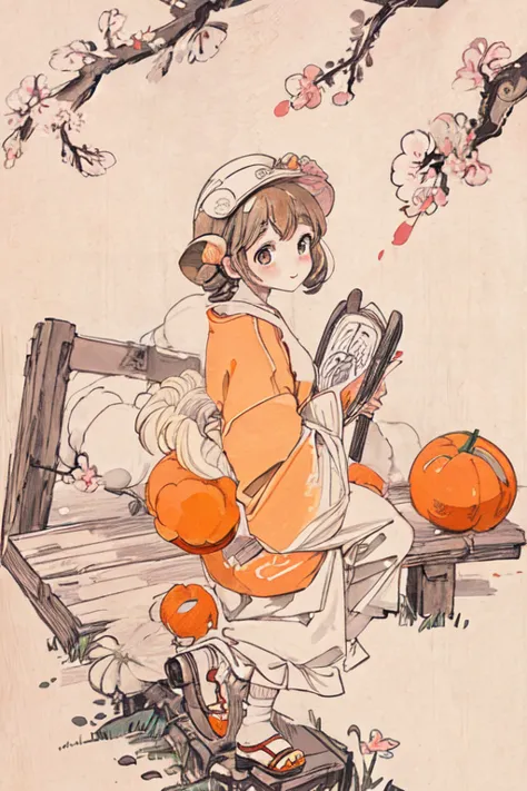 a sheep,orange,cute,big eyes,masterpiece,cherry blossoms,line art