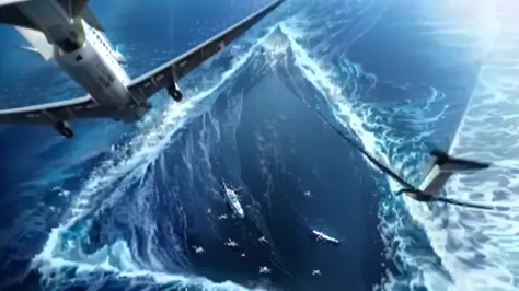 A large plane flies over a large ship at sea, describe, arrive ( Movie ), Realistic and lifelike images, Tsunami, Science Fictio...