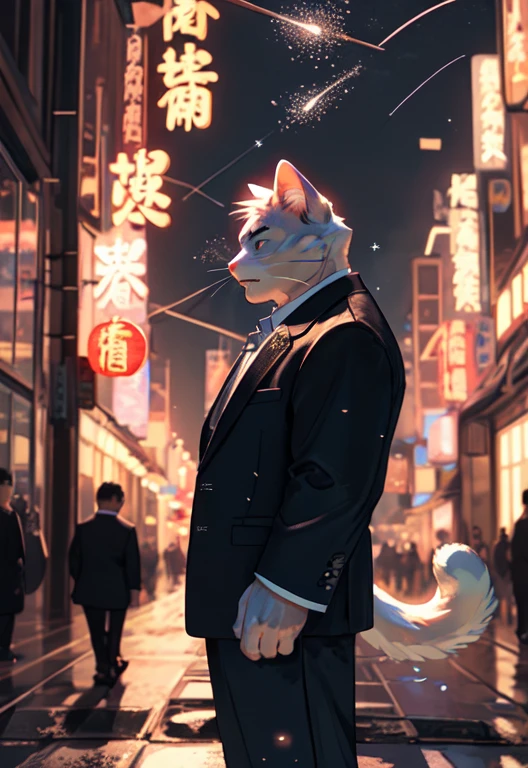 Solitary,  (White cat), anthropology, male, ((white body)), Tail, Handsome,Normal figure，Tendon meat，Black suit, Eighties, City, outdoor, external, Feasting, night, Traditional Chinese Signboard, standing, 9mm caliber pistol， Perfect lighting, (Light Particles),(best quality),(masterpiece),(ultra deTailed),Clear focus,Light Particles