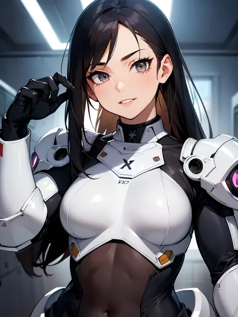 (Upper Body), (Realistic, [anime]), (3D:0.3), Dramatic lighting, ((masterpiece)),(quality),(High resolution), Tall Lady Voidstar, [[Covered Abs]], ((X-Ray Power Armor|Lined bodysuit|White power armor) Mechanical Arm), Long black hair undercut, [Wicked Smil...