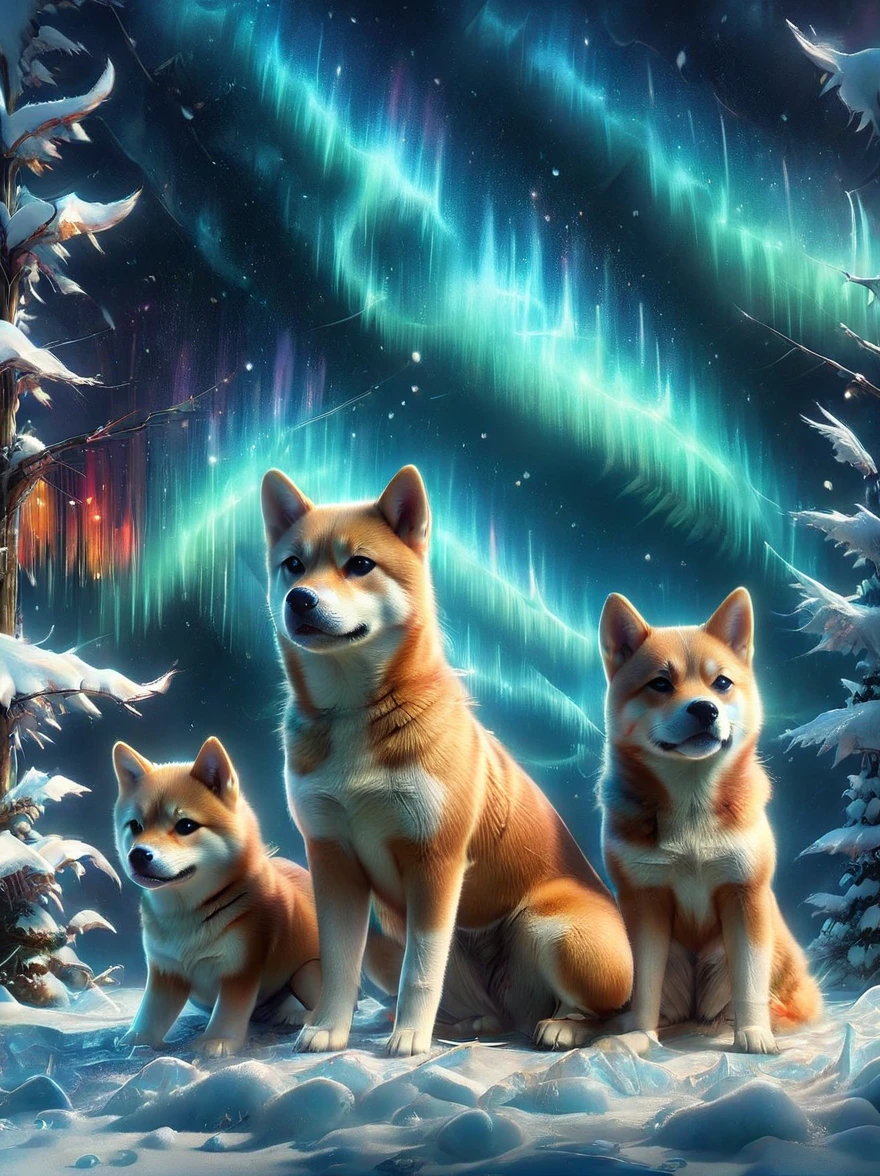 A scene of Shiba Inus in their natural habitat during the winter season ...