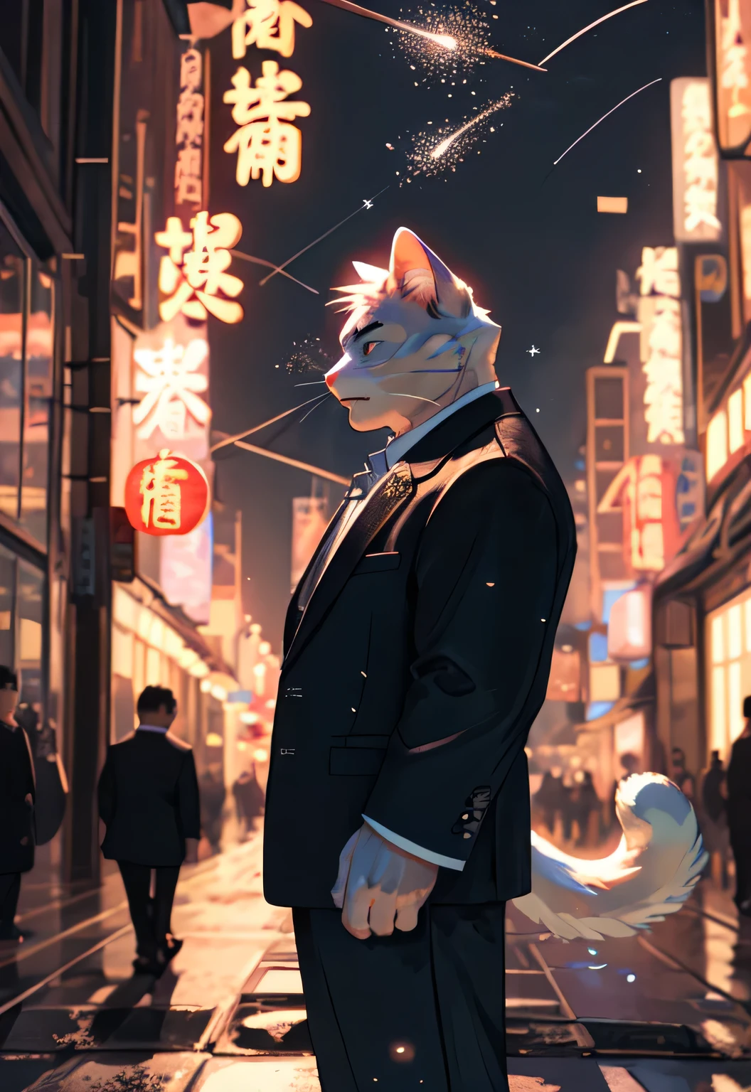 Solitary,  (White cat), anthropology, male, ((white body)), Tail, Handsome,Normal figure，Tendon meat，Black suit, Eighties, City, outdoor, external, Feasting, night, Traditional Chinese Signboard, standing, 9mm caliber pistol， Perfect lighting, (Light Particles),(best quality),(masterpiece),(ultra deTailed),Clear focus,Light Particles