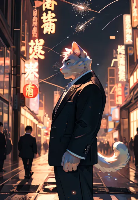 Solitary,  (White cat), anthropology, male, ((white body)), Tail, Handsome,Normal figure，Tendon meat，Black suit, Eighties, City,...