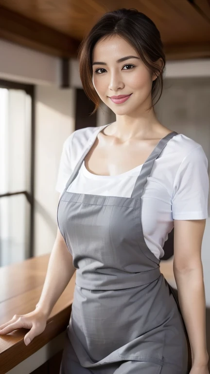 (highest quality,8k,masterpiece),
Japanese mature woman,40 years,Mature Woman,Pure white skin, Tabletop、Top view from chest、
(Plump Breasts 1.3)、　((T-shirt))、((Grey apron))、Long skirt、Random hairstyle、
,A gentle smile、A gaze that seduces viewers、Living room at home、