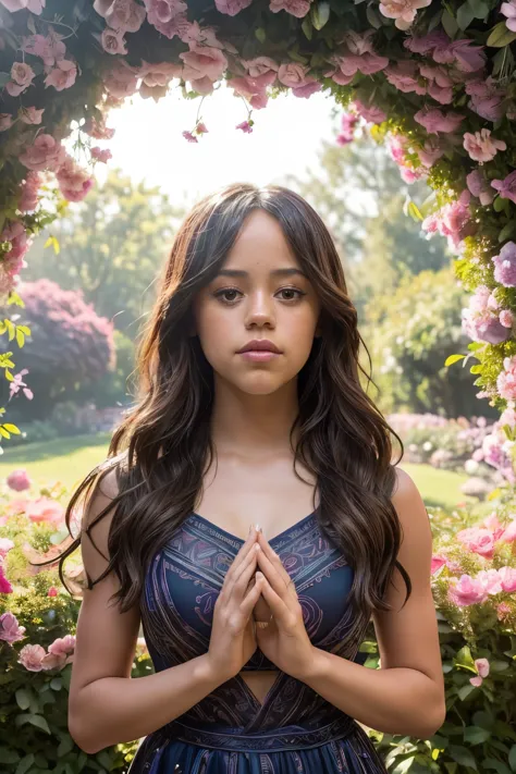 (((jennaortega, jenna ortega)), fantasy photoshoot style in a garden bathed in soft sunlight, a 24 year old adult woman with lon...