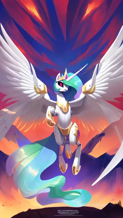 1girl, solo, rating_safe, score_9, shiny metal body, extreme detail, feral pony, princess celestia, robot eye, red pupils, black sclera, wings outstretched, facing cemra, full body, cinematic movie poster, flying towards camera head-on, kingdom background,...