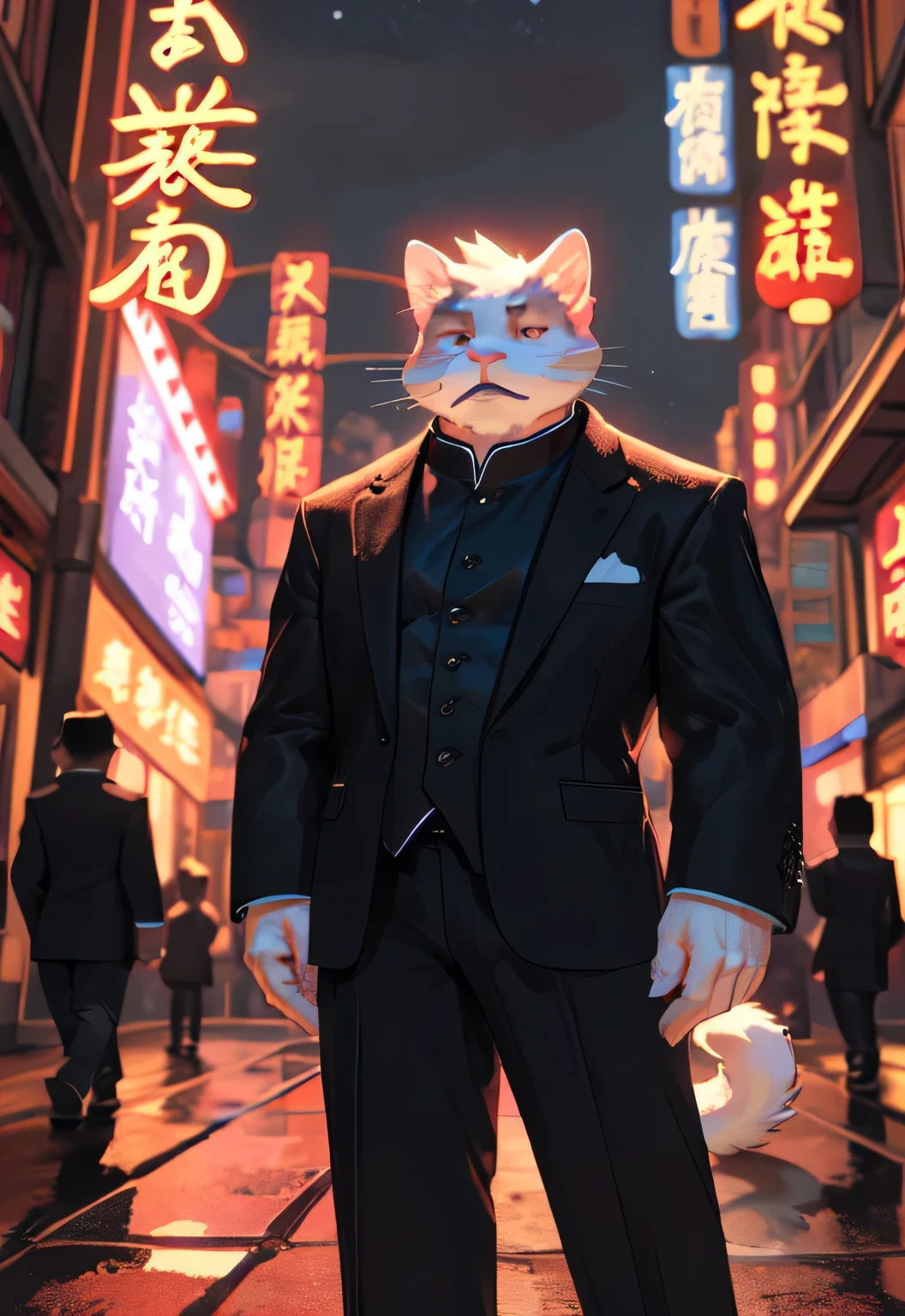 Solitary,  (White cat), anthropology, male, ((white body)), Tail, Handsome,Normal figure，Tendon meat，Black suit, Eighties, City, outdoor, external, Feasting, night, Traditional Chinese Signboard, Front view，standing, Perfect lighting for pistols,(best quality),(masterpiece),(ultra deTailed),Clear focus