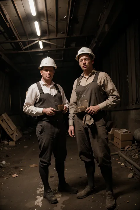 two men working inside coal mines in Victorian times